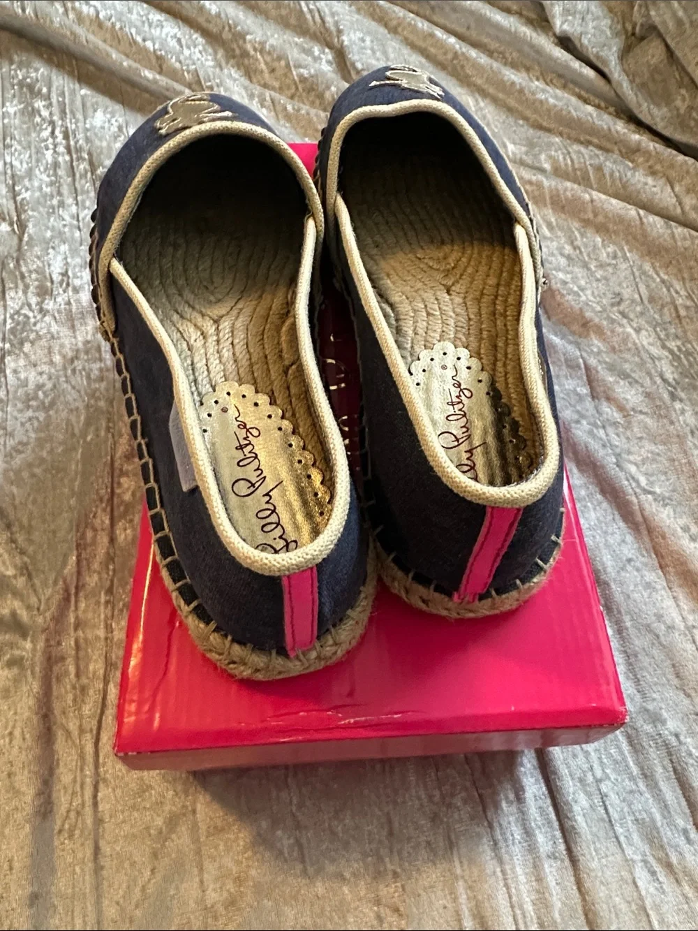 Lilly Pulitzer Navy Canvas Espadrilles with Gold Seahorse Applique